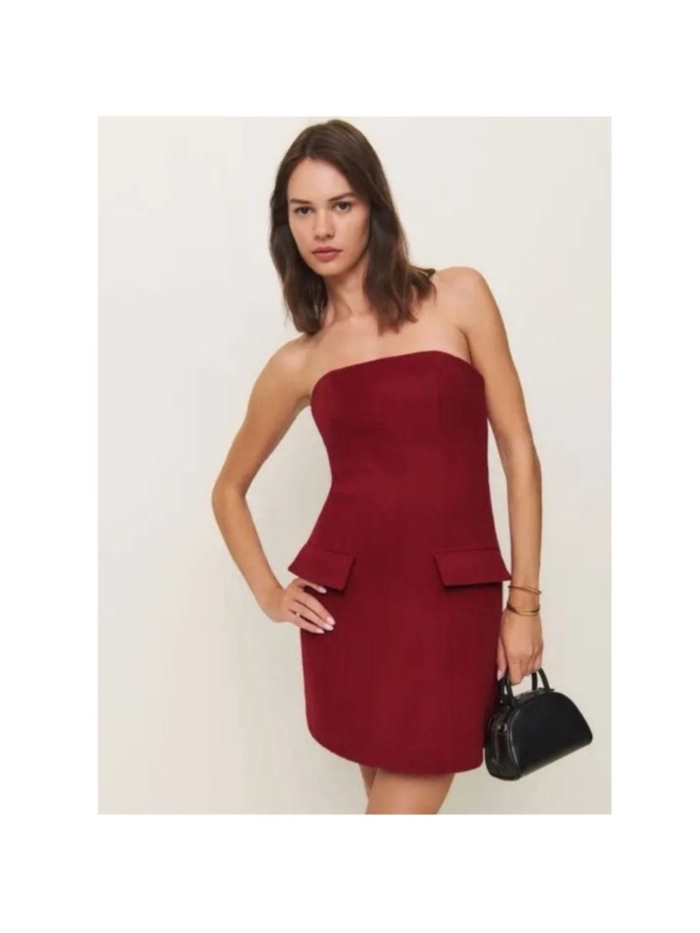 Reformation Strapless Red Mini Holiday Dress with Flap Pockets